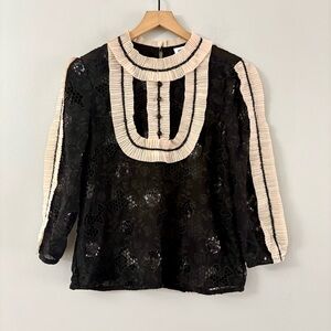 Anna Sui Black Lace Blouse with Cream Pleated Trim
